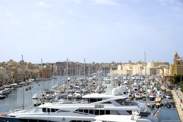 View of the Grand Harbour in Malta filled with yachts and sailboats