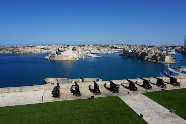 The Saluting Battery in the Upper Barrakka Gardens of Valletta Malta. Looking across the Grand Harbour to the Three Cities below.