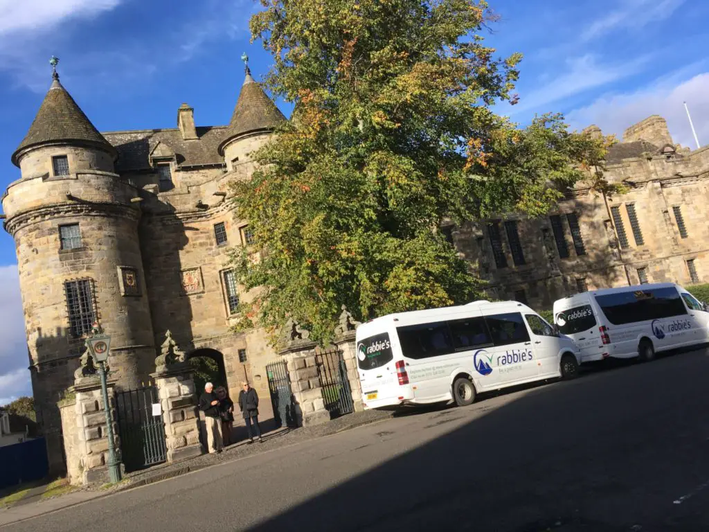 Rabbies tour buses parked at Falkland Palace Outlander film location