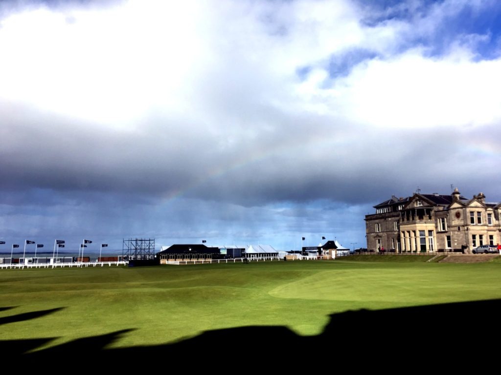 Old Course at St Andrews with a rainbow in the clouds overhead