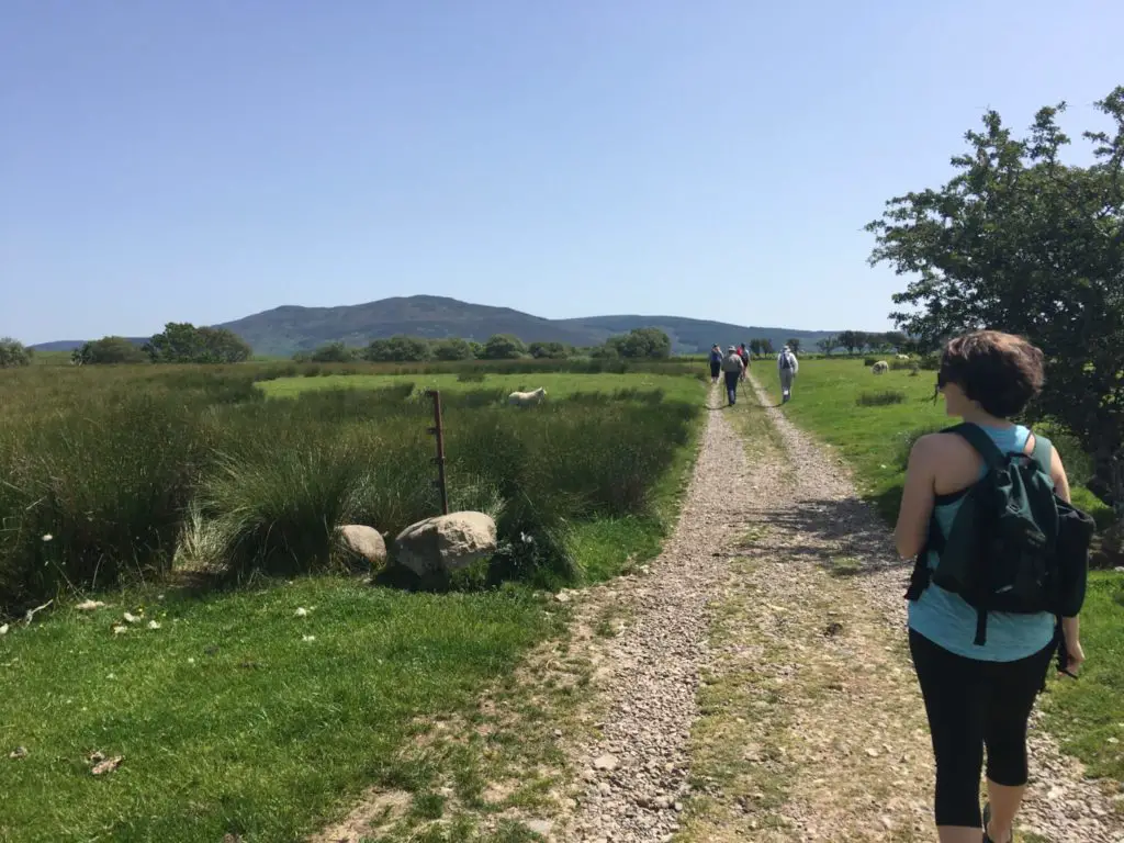 Amanda Walkins walking along a farm path toward Machrie standing stones in Arran