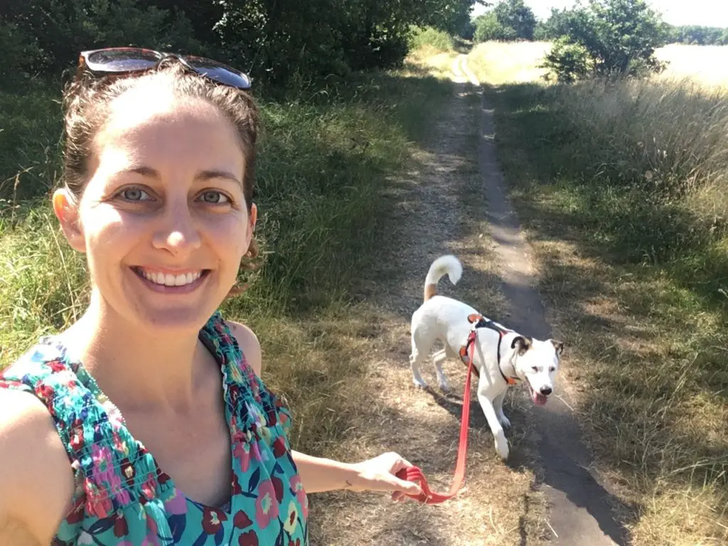 Amanda Walkins walking a dog while house and pet sitting