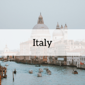"Italy" overlaid on an image from the country