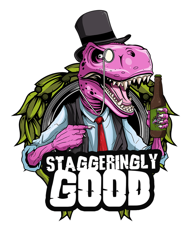 Staggeringly Good Brewery logo dinosaur wearing a tophat and monocle with a beer