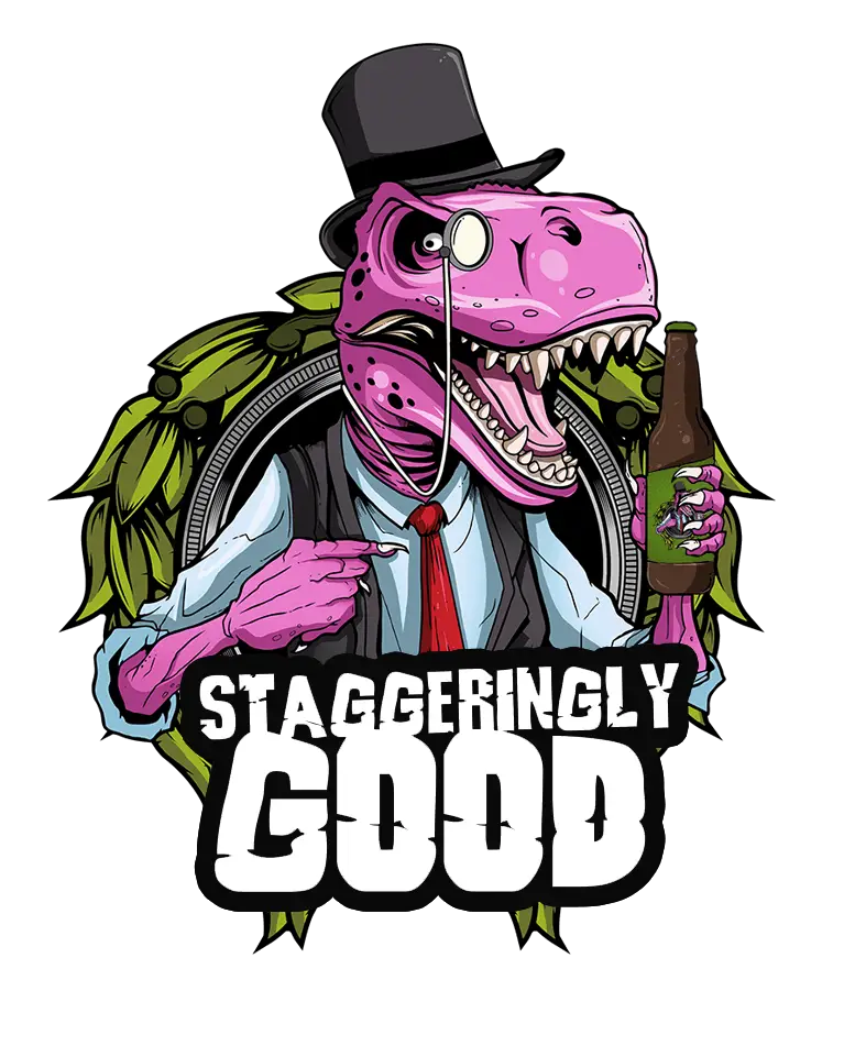 Staggeringly Good Brewery logo dinosaur wearing a tophat and monocle with a beer