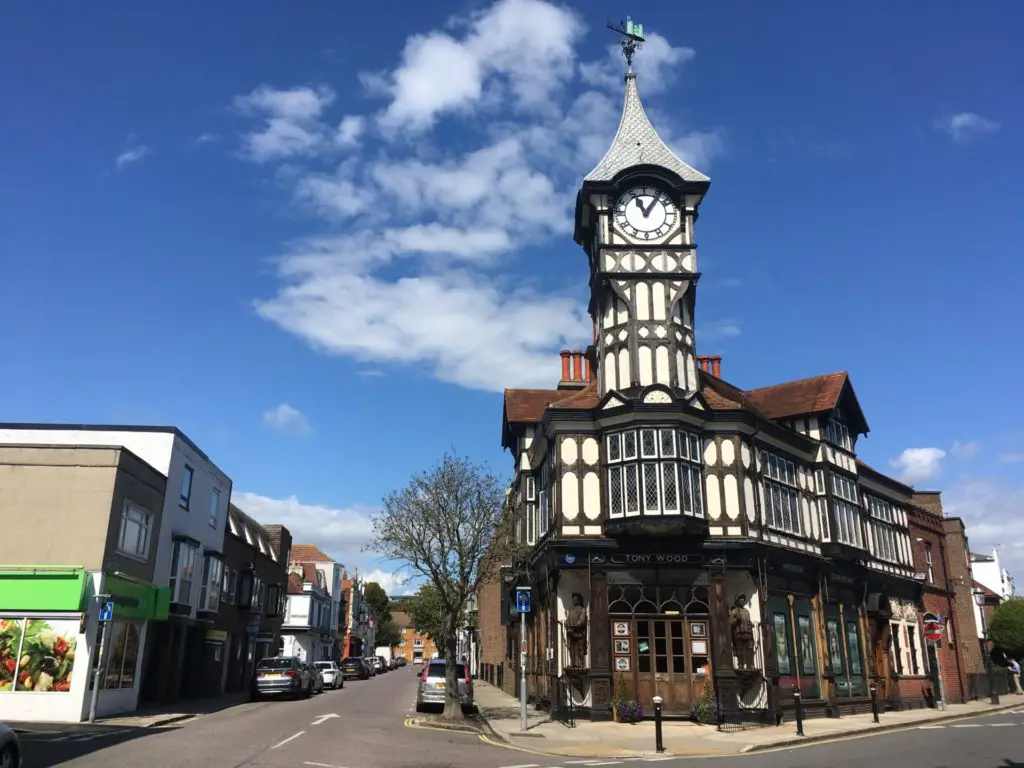 Tudor building with a clock in Portsmouth