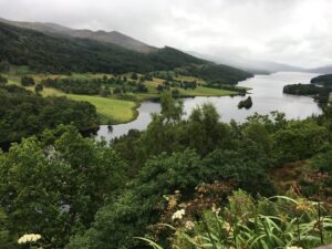 The Queen's View outside Pitlochry, a wide river surrounded by lush green scenery
