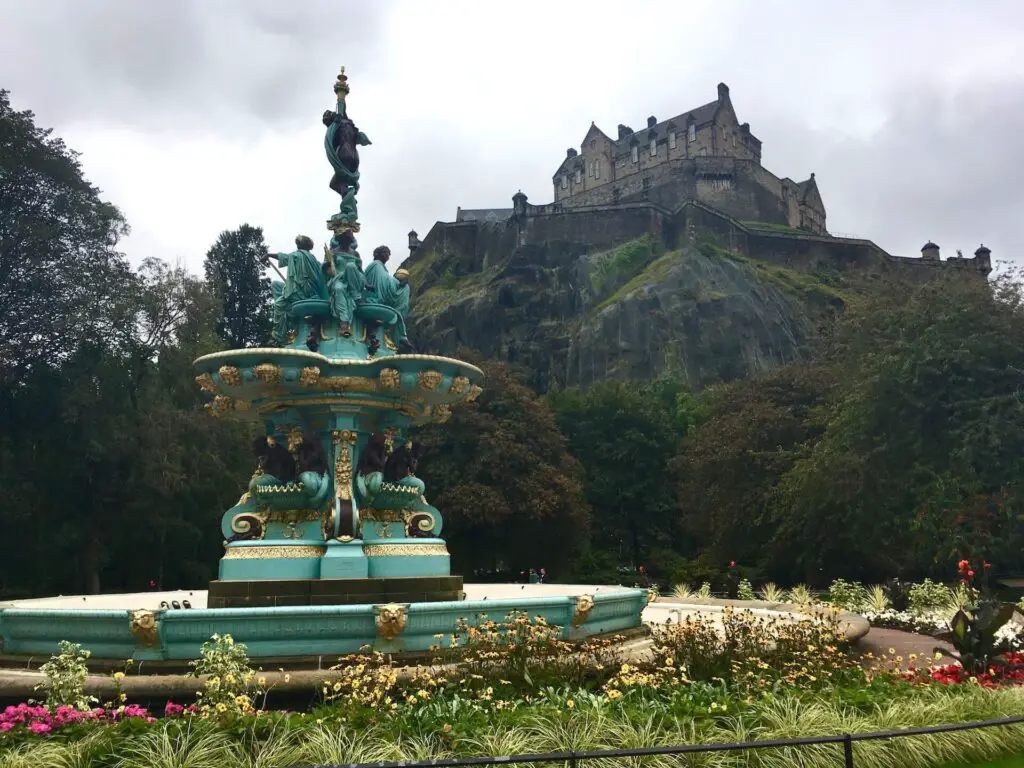 The brightly painted Ross Fountain below Edinburgh Castle