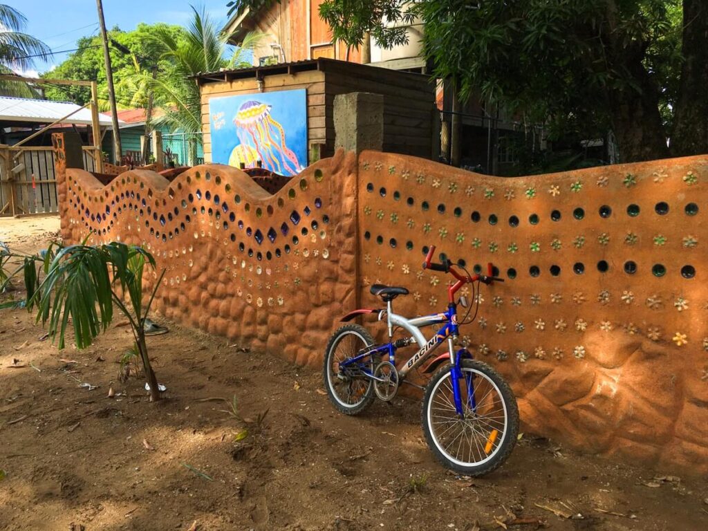 Ecobricks garden wall at the Havey Learning Center SOL Foundation Roatan Honduras
